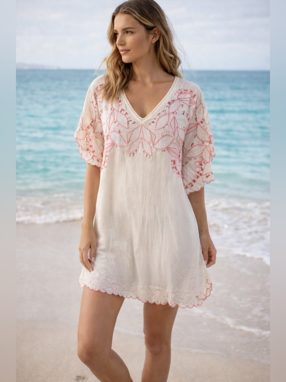 Trina Turk Ivory Pink Embroidered Tunic Dress Boho Resort Coverup OS Beach Swim